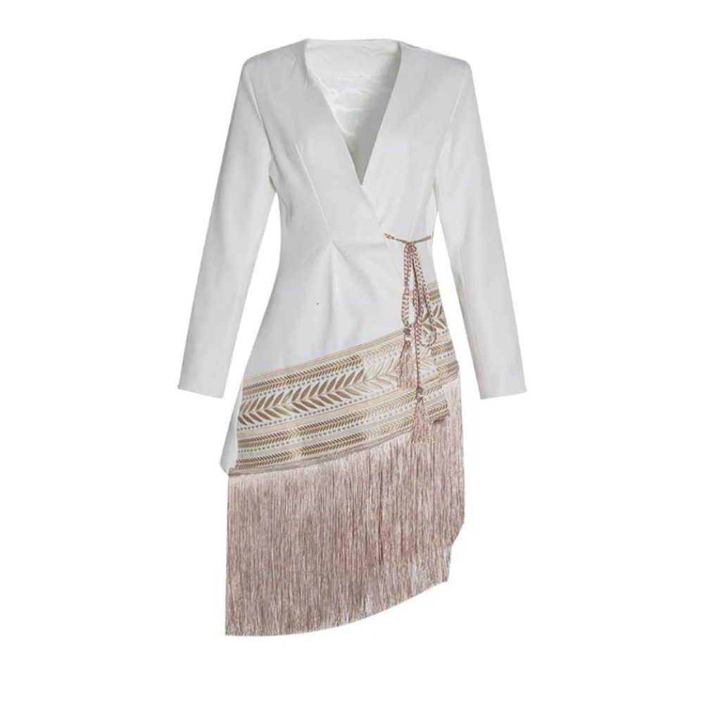 White Fringe Blazer Dress | Sm-M